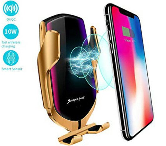 Suport auto cu incarcator wireless iUni R1, micro USB, functie Fast Charge, Gold